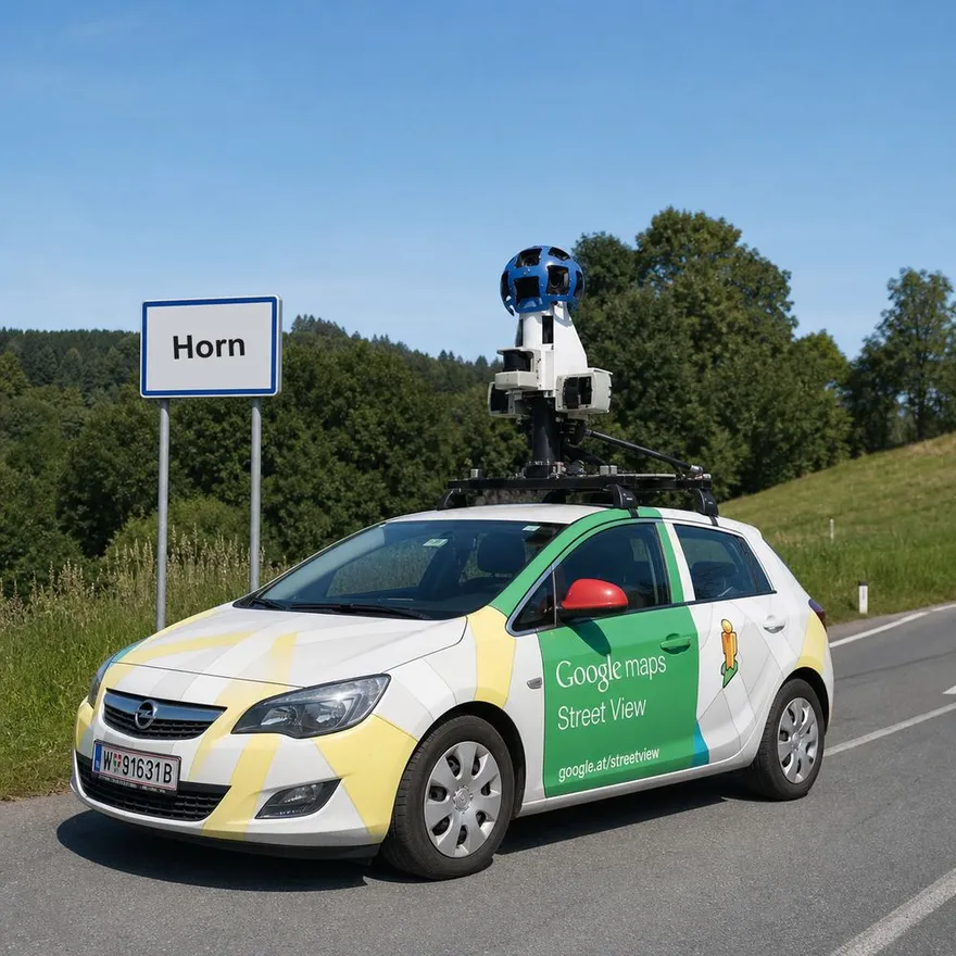 Google Street View Auto vor der Ortstafel von Horn — Google Aufnahmen vom zertifizierten Partner
