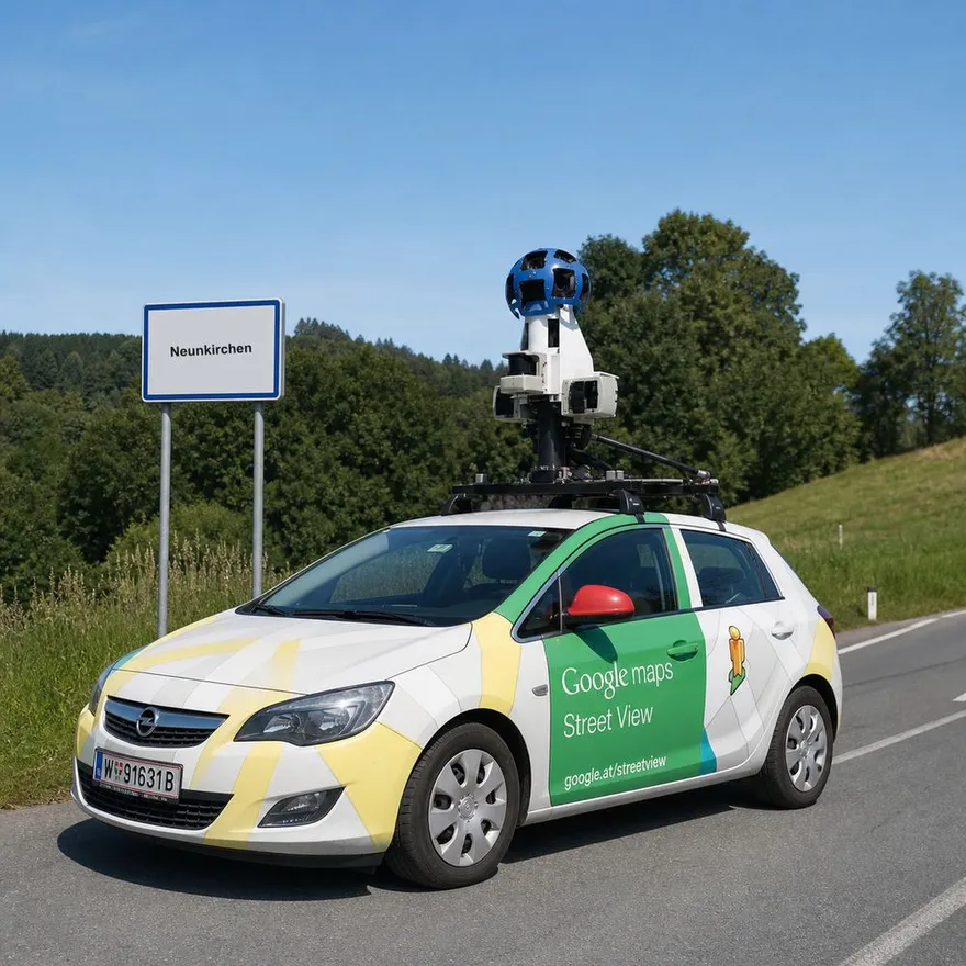 Google Street View Auto vor der Ortstafel von Neunkirchen — Google Aufnahmen vom zertifizierten Partner