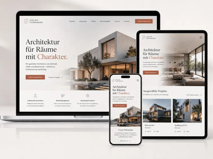 Webdesign-Beispiel Architektur: responsive Website auf Laptop, Tablet und Smartphone