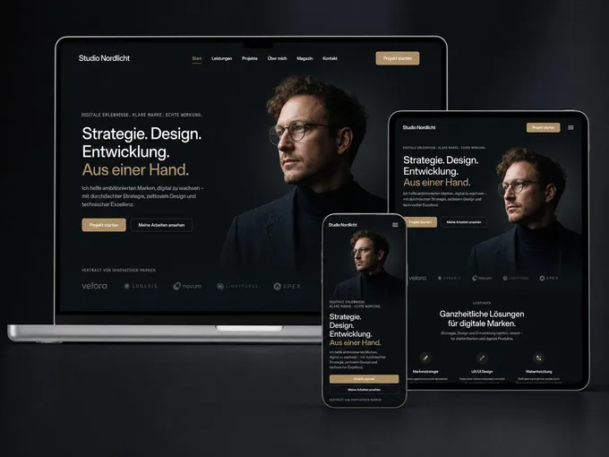 Webdesign-Beispiel Design & Personal Brand: responsive Website auf Laptop, Tablet und Smartphone