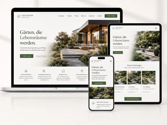 Webdesign-Beispiel Gartengestaltung: responsive Website auf Laptop, Tablet und Smartphone