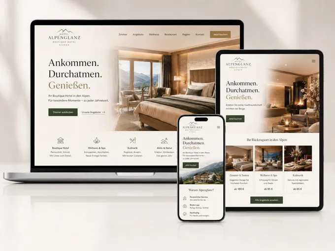 Webdesign-Beispiel Boutique-Hotel & Tourismus: responsive Website auf Laptop, Tablet und Smartphone