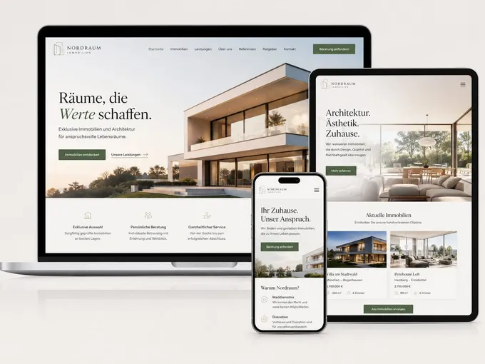 Webdesign-Beispiel Immobilien & Architektur: responsive Website auf Laptop, Tablet und Smartphone