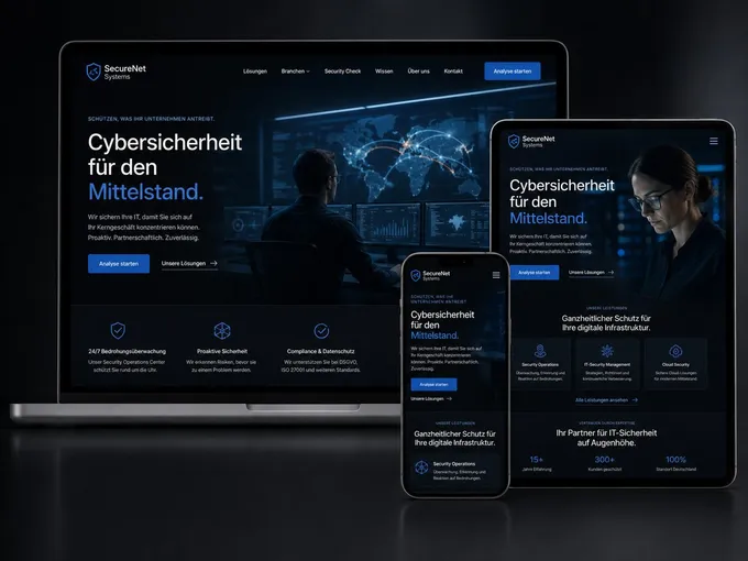 Webdesign-Beispiel IT-Sicherheit: responsive Website auf Laptop, Tablet und Smartphone