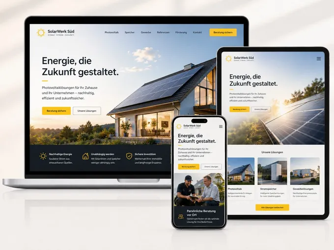 Webdesign-Beispiel Photovoltaik & Energie: responsive Website auf Laptop, Tablet und Smartphone