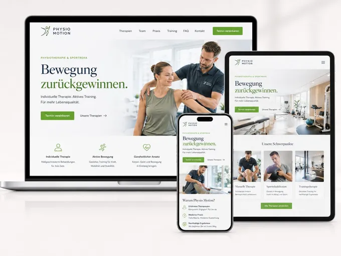 Webdesign-Beispiel Physiotherapie & Sportreha: responsive Website auf Laptop, Tablet und Smartphone