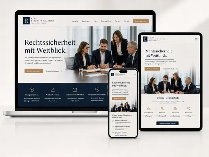 Webdesign-Beispiel Rechtsanwälte: responsive Website auf Laptop, Tablet und Smartphone