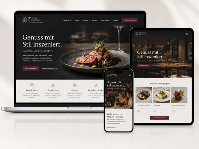 Webdesign-Beispiel Restaurant & Catering: responsive Website auf Laptop, Tablet und Smartphone