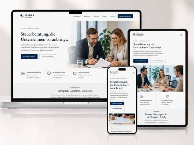 Webdesign-Beispiel Steuerberatung: responsive Website auf Laptop, Tablet und Smartphone