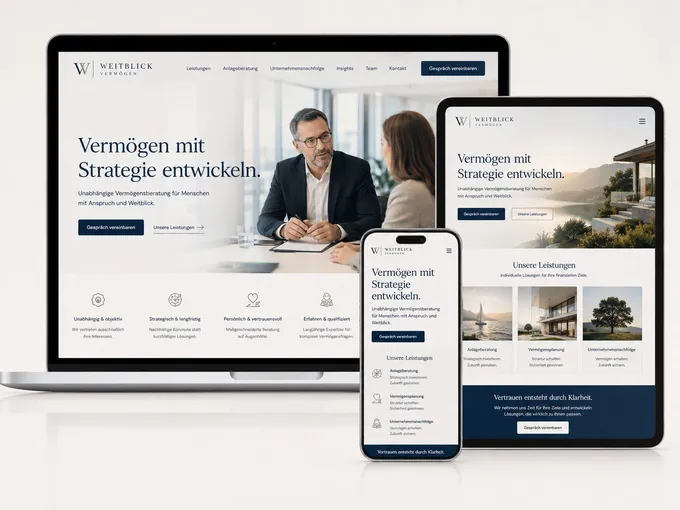 Webdesign-Beispiel Vermögensberatung: responsive Website auf Laptop, Tablet und Smartphone