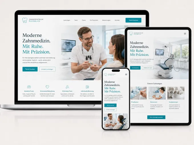 Webdesign-Beispiel Zahnmedizin: responsive Website auf Laptop, Tablet und Smartphone